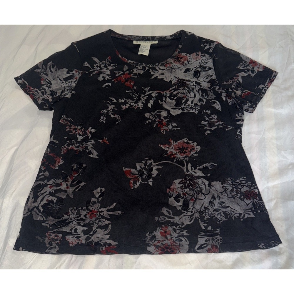 Vintage Requirements Floral Top XL Mesh Burnout Overlay Black Gray Blouse